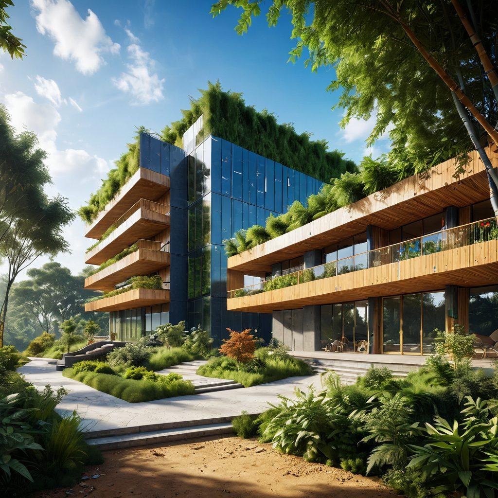 A futuristic construction site showcasing innovative eco-friendly building materials, with colorful, sustainable materials like bamboo, recycled plastics, and green composites. Include scientists and architects collaborating, surrounded by nature and greenery, symbolizing harmony with the environment. The sky is clear and bright, emphasizing hope and progress. super-realistic. vibrant colors. 3D.