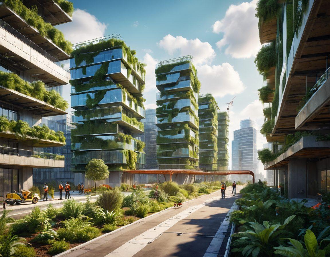 A futuristic construction site showcasing chemical solutions being used in building sustainable infrastructure. Feature workers in eco-friendly gear applying advanced materials, with a backdrop of innovative buildings made from bio-based substances. Include lush greenery and solar panels integrated into the structures, symbolizing harmony with nature. Highlight vibrant colors to convey a sense of progress and sustainability. super-realistic. vibrant colors. 3D.